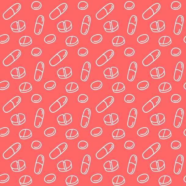 薬、カプセル、薬、薬、薬、錠剤とシームレスなパターン。医薬品の背景と質感。ベクトルEPS10のイラストがドアスタイルで. - ベクター画像