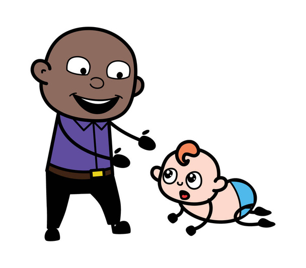 Kreskówka łysy czarny człowiek z Crowling Baby - Wektor, obraz