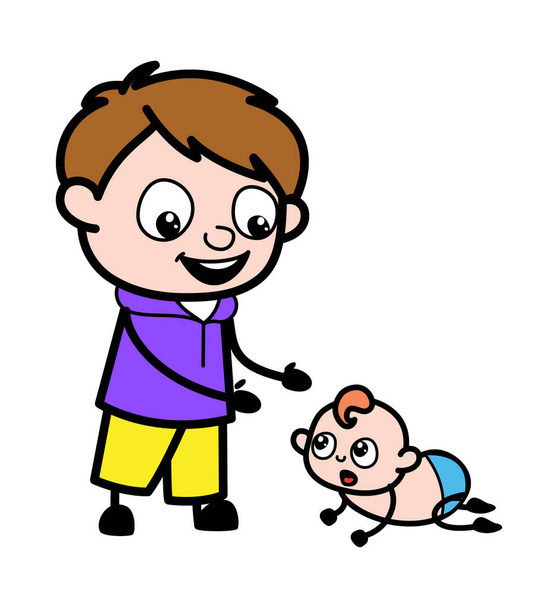 Cartoon Boy με Crowling μωρό - Διάνυσμα, εικόνα