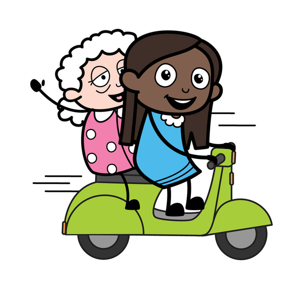 Cartone animato nero ragazza equitazione scooter con una vecchia signora - Vettoriali, immagini