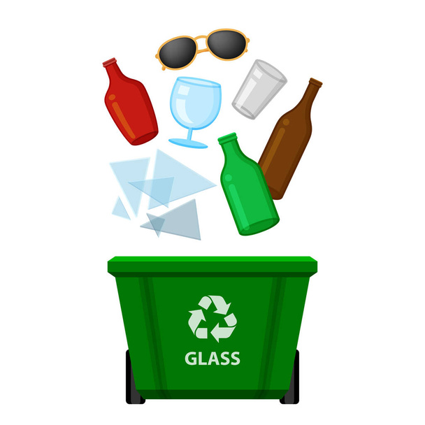 glass waste and green recycling plastic bin isolated on white background, plastic bin and glass bottles garbage, waste glass bottle, illustration clip art bin, 3r garbage - Vector, Image