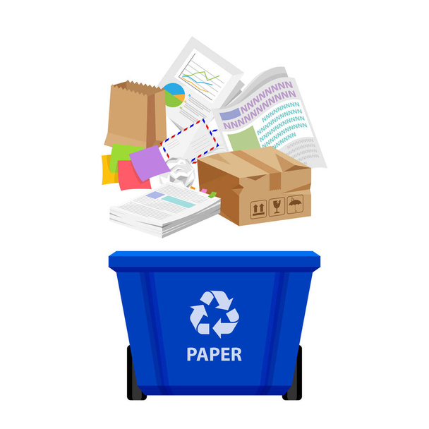 paper waste and blue recycling plastic bin isolated on white background, plastic bin and paper recycling garbage, waste paper trash, illustration clip art bin, 3r garbage - Vector, Image