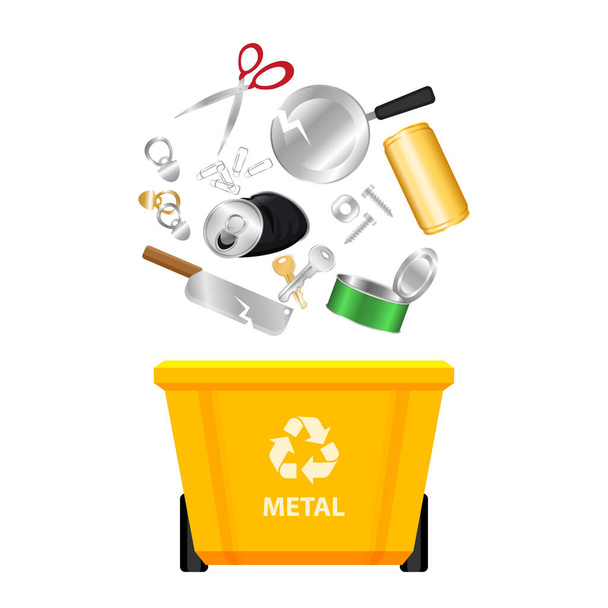 Metallabfälle und gelber Recycling-Kunststoffbehälter isoliert auf weißem Hintergrund, Kunststoffbehälter und Metallmüll, Altmetall in Dosen, Illustration Clip-Art-Behälter, 3r Müll - Vektor, Bild