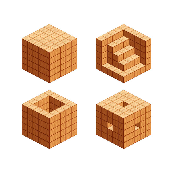 дерев'яні кубики ізометричні для навчання дітей, башти дерев'яні кубики зразки різні ізольовані на білому, 3d кубики деревини для підрахунку логіки дітей дошкільного віку, блок дерев'яний квадрат для математичної гри дитини
 - Вектор, зображення