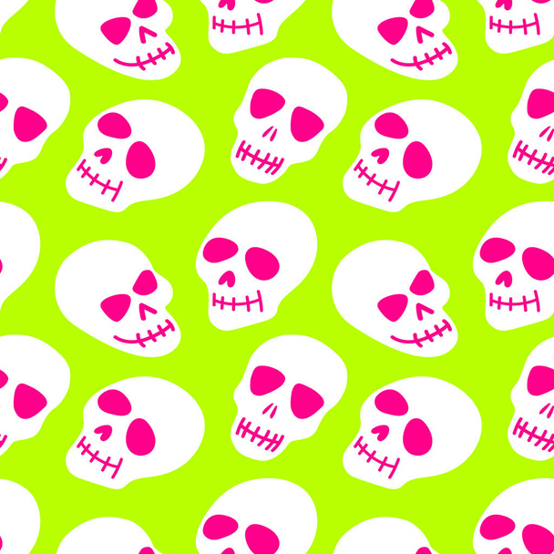 patrón sin costuras de un cráneo blanco sobre un fondo verde claro. Un patrón brillante del cráneo. Diseño colorido para Halloween, Día de los Muertos. Ilustración vectorial
 - Vector, Imagen