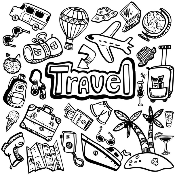 set of vector illustration  summer travel doodle staff  with lettering. summer time. Travel illustrations. - Vettoriali, immagini