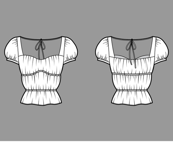 Shirt technical fashion illustration with oversized body, concealed button fastenings along front, delicate ruffles - Vektör, Görsel