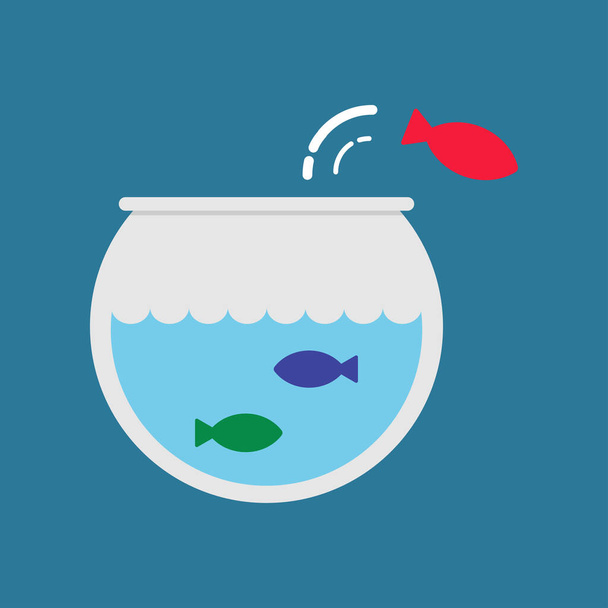 Fish jumping icon,  fish jumping outside the fish bowl, think differently, business concept, vector, illustration. - Vector, Image