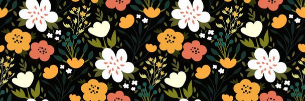 Elegant seamless pattern with colorful flowers, leaves, herbs on a dark background. Plants of tropical forest, meadows. Hand drawn Floral print, Wallpaper, template for fashion design, fabrics. Vector - Vektor, obrázek