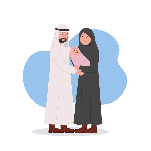 Arabian Couple Happy for Newborn Baby, Mother Hold Her Baby Vector Cartoon - Vector, Image
