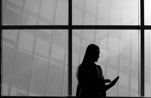 Silhouette of Asian businesswoman using tablet - Фото, изображение