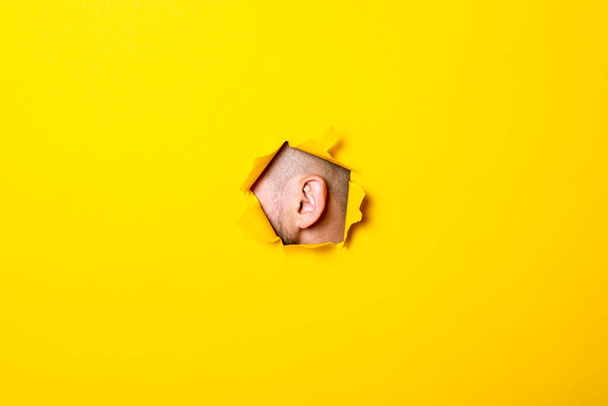Male ear peeking out of the torn hole yellow background. Perception of sounds. - Fotó, kép
