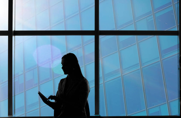 Silhouette of Asian businesswoman using tablet - 写真・画像
