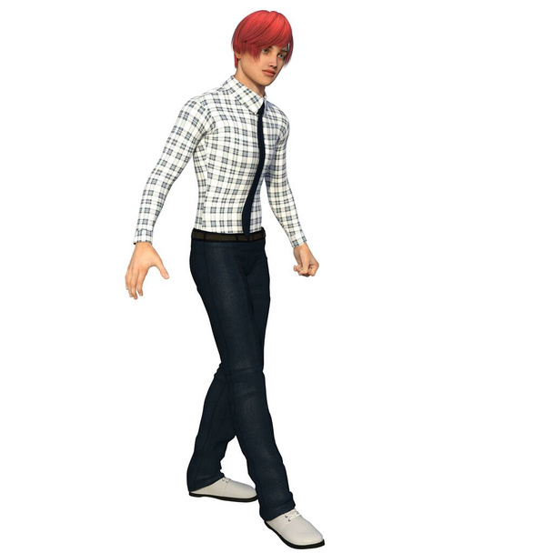 un jeune homme aux cheveux roux en chemise. Il marche lentement. Fond blanc - Photo, image