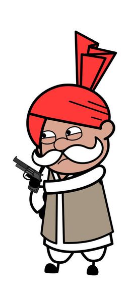 Cartoon Haryanvi Old Man Pointing Gun - Vector, Image