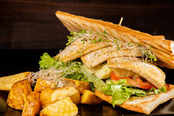 A meat sandwich with vegetables and fried potatoes - Zdjęcie, obraz
