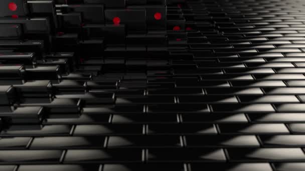 Animation 3D d'un fond abstrait d'éléments noirs. Les cubes commencent à bouger et apparaissent montrant des points rouges. Contexte abstrait de nombreux éléments Domino. - Séquence, vidéo