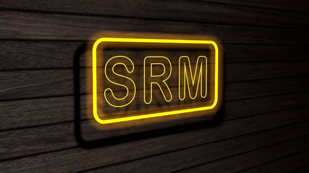SRM木製の壁に黄色のネオン蛍光管の標識.3Dレンダリング、イラスト、ポスター、バナー。碑文、灰色の木製の壁の背景に概念. - 写真・画像