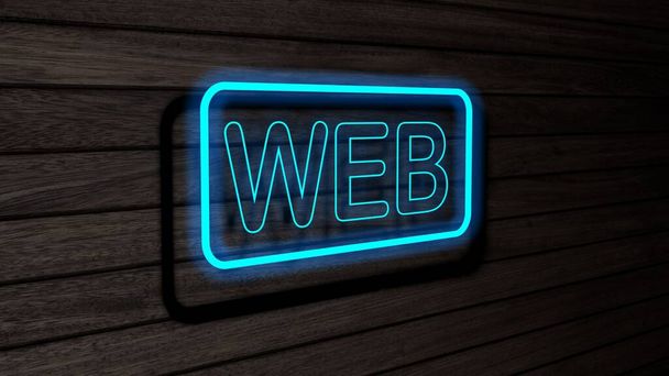 Web azurová barva neonové fluorescenční trubky značky na dřevěné zdi. 3D vykreslování, ilustrace, plakát, banner. Inscription, koncept na šedém dřevěném pozadí. - Fotografie, Obrázek