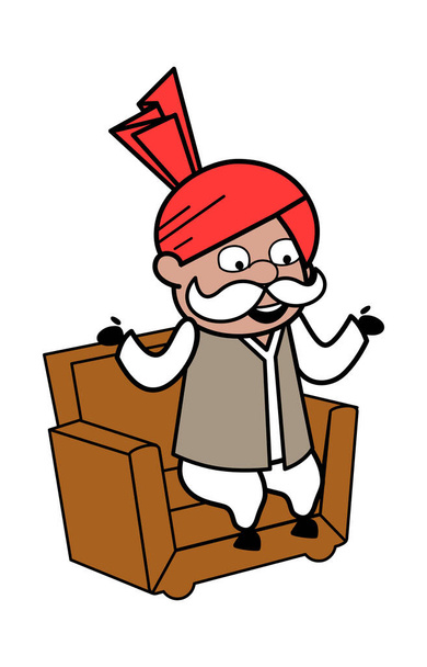 Cartoon Haryanvi Old Man talking on sofa - Vector, Image