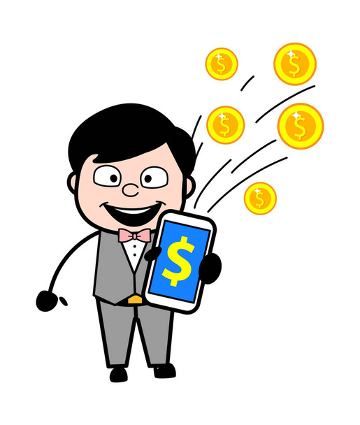 Γεώμηλος κινουμένων σχεδίων δείχνει κινητό χρήματα - Διάνυσμα, εικόνα