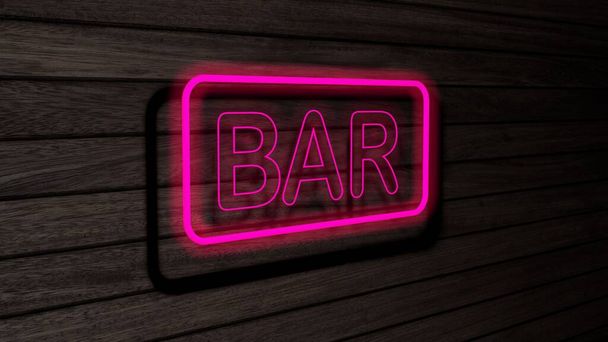 Bar pink color neon fluorescent tubes signs on wooden wall. 3D rendering, illustration, poster, banner. Inscription, concept on gray wooden wall background. - Photo, Image