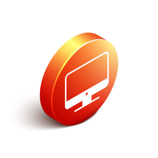Isometric Computer monitor screen icon isolated on white background. Electronic device. Front view. Orange circle button. Vector Illustration. - Vektör, Görsel