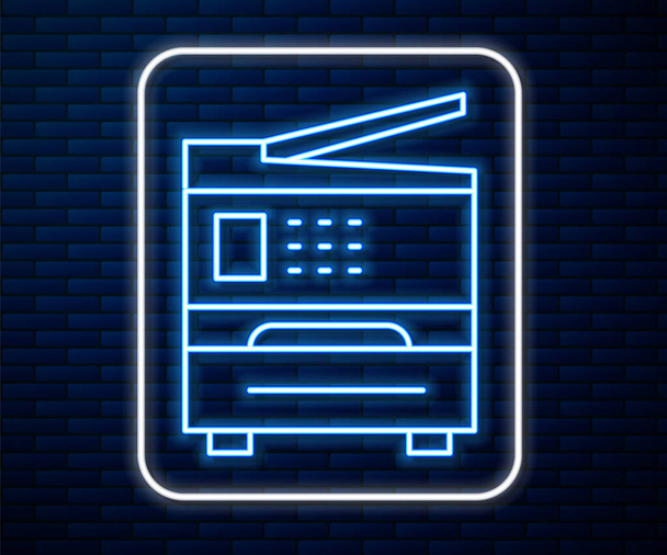 Icono de la impresora de línea de neón brillante aislado en el fondo de la pared de ladrillo. Ilustración vectorial. - Vector, Imagen