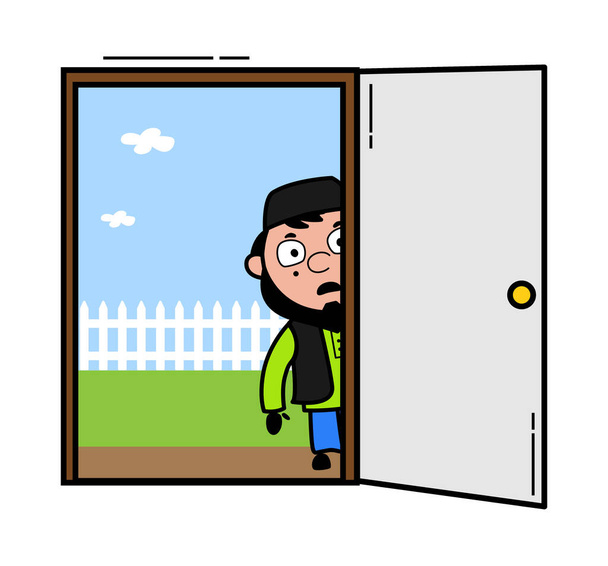 Γελοιογραφία μουσουλμανική άνθρωπος κοιτάζοντας από πόρτα - Διάνυσμα, εικόνα