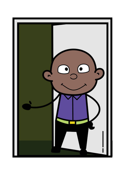 Karikatura Kreslený plešatý černý Stojící na dveřích - Vektor, obrázek