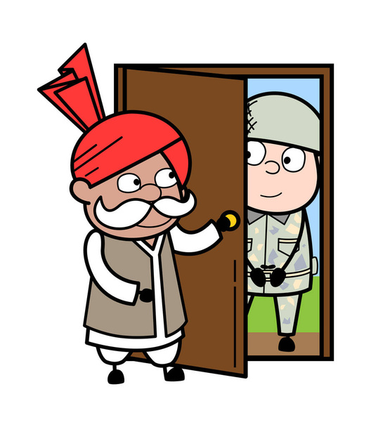 Cartoon Haryanvi Old Man opening Door - Vector, Image