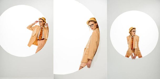 Collage of fashionable girl posing near round hole on white background  - Photo, Image