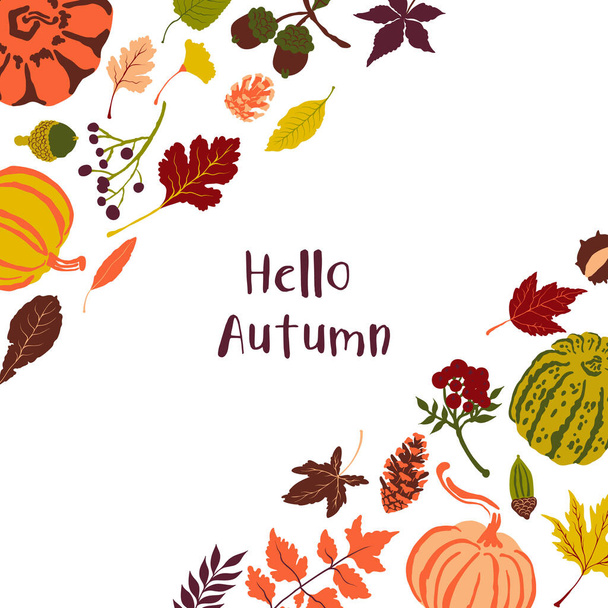 Vector frame with autumn leaves pumpkins berries and acorn. Background with the stock fall images of a leaf and pumpkin perfect for poster. Easy to edit. Hello autumn - Вектор,изображение