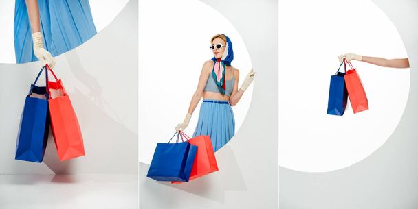 Kolaż stylowej dziewczyny trzymającej czerwone i niebieskie torby na zakupy obok okrągłego otworu na białym tle  - Zdjęcie, obraz