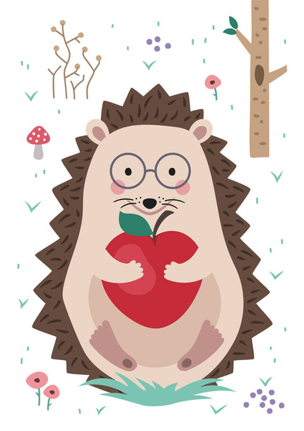Hedgehog in forest holding apple in his hands. Poster for baby room. Childish print for nursery. Design can be used for fashion t-shirt, greeting card, baby shower...Vector illustration. - Διάνυσμα, εικόνα
