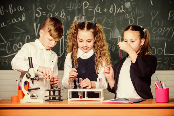 Test tubes with substances. Formal education. School laboratory. Group school pupils study chemical liquids. Girls and boy student conduct school experiment with liquids. School chemistry lesson - Fotoğraf, Görsel