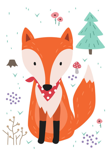 Cute fox. Woodland forest animal. Poster for baby room. Childish print for nursery. Design can be used for fashion t-shirt, greeting card, baby shower...Vector illustration. - Vetor, Imagem