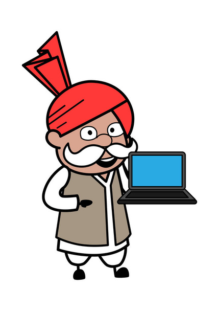 Cartoon Haryanvi Old Man presentatie op Laptop - Vector, afbeelding
