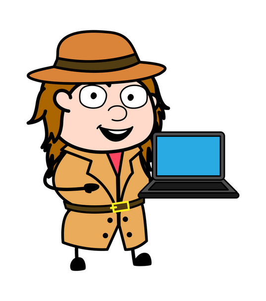 Cartoon Investigator presentation on Laptop - Vector, Image