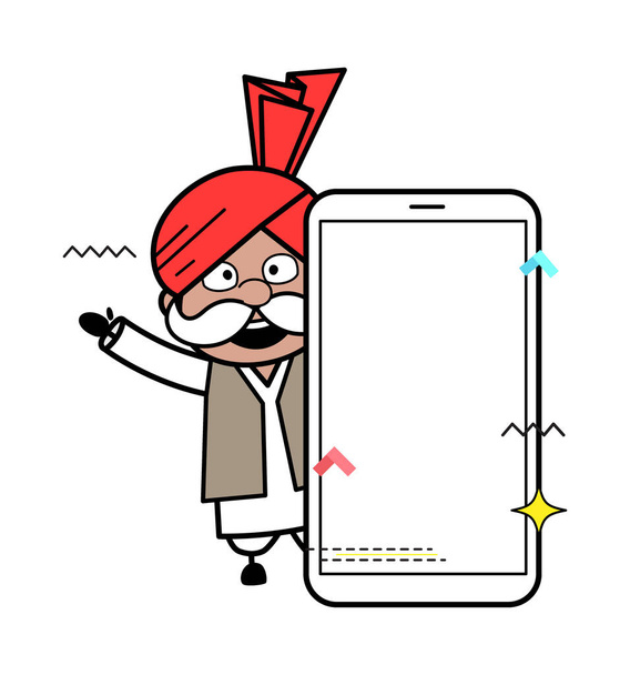 Cartoon Haryanvi Oude man met lege mobiele telefoon scherm - Vector, afbeelding