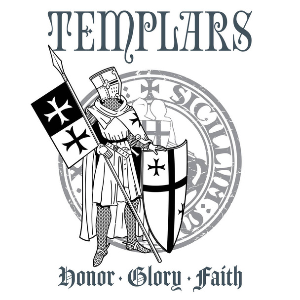 Rycerski design. Rycerz templariusz w zbroi z włócznią, tarczą, flagą i średniowieczną pieczęcią rycerską - Wektor, obraz