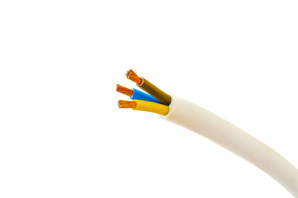 Detailní záběr elektrického kabelu: průřez a měděné dráty, izolované pozadí - Fotografie, Obrázek
