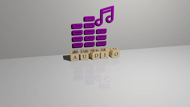 3D grafische beeld van AUDIO verticaal samen met tekst gebouwd door metalen kubieke letters vanuit het bovenste perspectief, uitstekend voor de concept presentatie en diavoorstellingen. illustratie en achtergrond - Foto, afbeelding