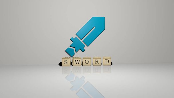 3D graphical image of SWORD vertically along with text built by metallic cubic letters from the top perspective, excellent for the concept presentation and slideshows. illustration and background - Photo, Image
