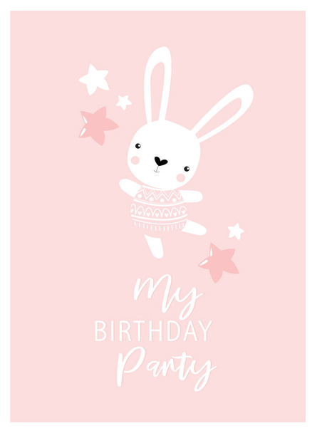 Print. Vector poster with a rabbit "my birthday party."  Bunny is dancing. Pink cartoon bunny. Bunny girl. - Vector, Image