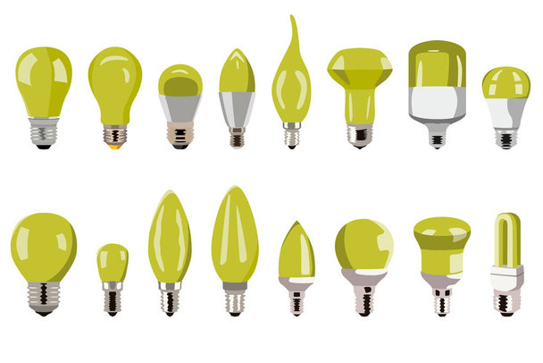 Ein großer Satz von sechzehn Glühbirnen für verschiedene Designanwendungen. Vektorillustration. - Vektor, Bild