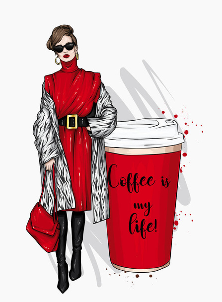 Beautiful girl and glass of coffee. Vector illustration for a postcard or a poster. Hand drawing. Coffee to go. Fashion & Style. - Вектор,изображение