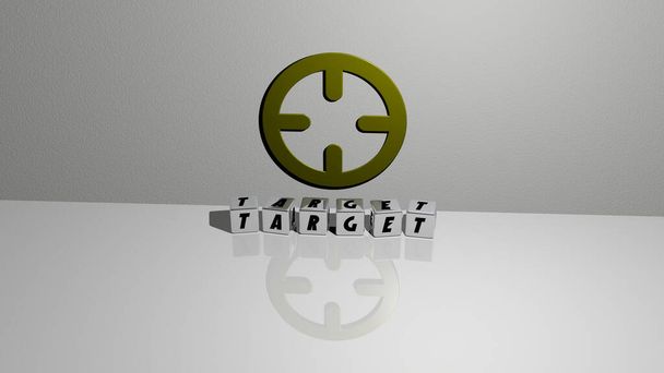 3D graphical image of TARGET vertically along with text built by metallic cubic letters from the top perspective, excellent for the concept presentation and slideshows. illustration and business - Photo, Image