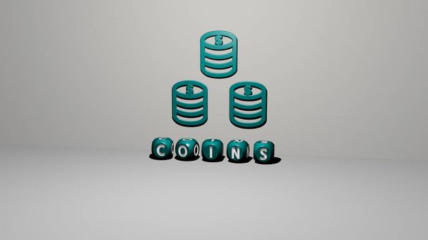 3D illustratie van munten graphics en tekst gemaakt door metalen dobbelstenen letters voor de gerelateerde betekenissen van het concept en presentaties. achtergrond en bedrijfsleven - Foto, afbeelding