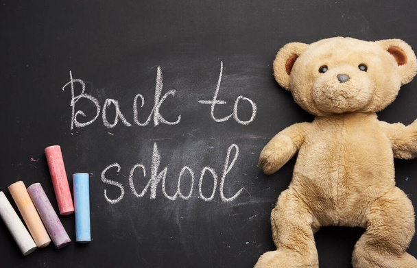 iscrizione a scuola in gesso bianco su una lavagna nera e un pezzo di gesso, orsacchiotto marrone - Foto, immagini